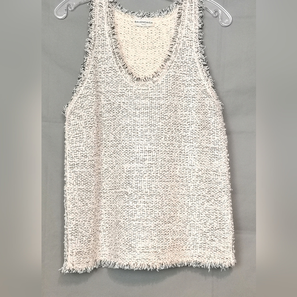 Balenciaga Tweed Fringe Trimmed Loose Sleeveless Top